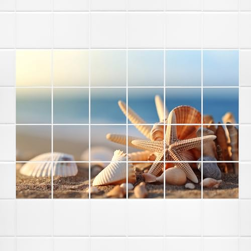 GRAZDesign Fliesenaufkleber Bad Küche, Fliesenbild Strand Muscheln Maritim, Klebefliesen selbstklebend - 20x25cm / 142x101cm