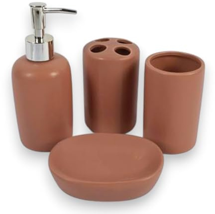 Set 4 Pezzi Dispenser Sapone, Porta spazzolino, Porta Saponetta e Bicchiere in Ceramica con Texture effetto Elegante Arredo Bagno WC Accessori da Bagno