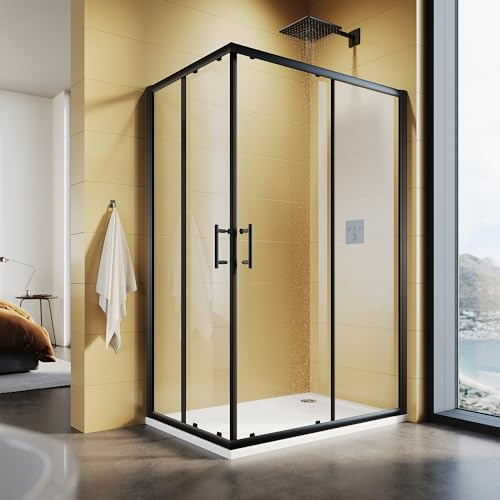 SUNXURY Cabine de douche 80 x 120 x 195 cm - Entrée d'angle avec double portes coulissantes - Cadre noir - Verre de sécurité de 5 mm (ESG) - Montage transparent sur receveur de douche ou carrelage