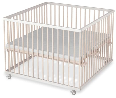 Sämann Laufstall Baby mit Lattenrost und Matratze | stufenlos höhenverstellbar | Laufgitter Premium | Babybett aus Holz | Krabbelgitter (weiß/natur, 100x100 cm)