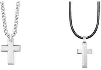 s.Oliver Kette mit Anhänger Edelstahl Herren Halsschmuck, 50 cm & Kette mit Anhänger Edelstahl Leder Jungen Kinder Halsschmuck, 40+3 cm, Schwarz, Kreuz, Kommt in Schmuck Geschenk Box, 2024225