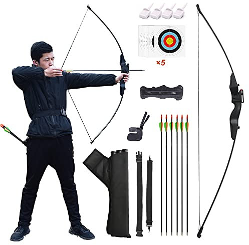 Runzkzy Bogen und Pfeil für Erwachsene, Jagdbogen und Pfeil Set für Anfänger und Jugendliche, Junior Bogenschießen Bogen mit Pfeil Köcher und Ziel, Takedown Bogen Outdoor Schießen Praxis (Paket A)