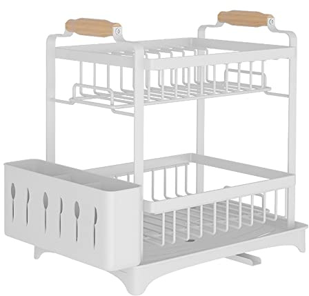 Egoutoire Vaisselle à 2 Niveaux Noir avec Bac Récupération Amovible et Crochets pour Tasses et Porte-ustensiles, Cuisine (Blanc)