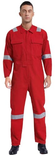 Rswnyirn Arbeitsoverall Herren Baumwolle Einteiler Jumpsuit Schutzoverall mit Taschen Reflektierende Streifen Männer Arbeitskleidung für Werkstatt Rot 3XL