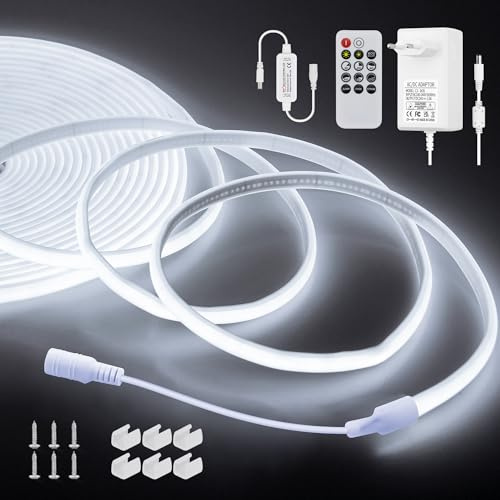 ALITOVE 10m LED Band Aussenbereich 24V Kaltweiß 6000K mit RF Fernbedienung | Dimmbar COB LED Streifen, IP67 Wasserdicht, Flexibel 320LEDs/m, 8mm Breit, für DIY Heim-Innendekoration, Nicht Selbstklebend