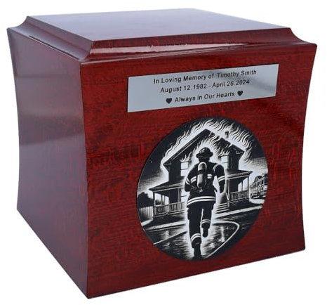 Urna homenaje al bombero, urna de ataúd de madera, urna conmemorativa de bombero, urna conmemorativa de bombero, urna de dedicación de bomberos, urna de homenaje a héroe local (diseño 1 / placa)