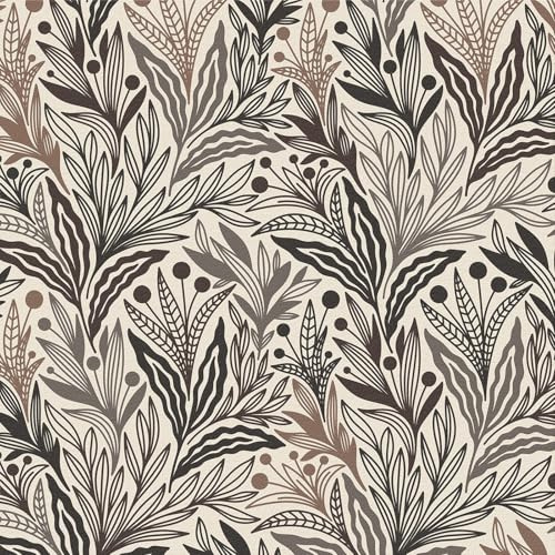 Papel Pintado Hojas,44 x 300cm Papel Pintado Autoadhesivo Mural Flores Hojas Vinilo Autoadhesivo Gris y Marron Papel Adhesivo para Muebles,Armarios,Libreria,Sala de Estar, Dormitorio,Cocina,Baño
