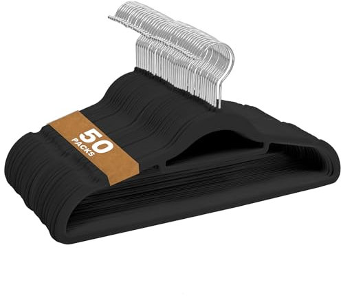 Sasha Morel Paquete de 50 Perchas de Terciopelo Antideslizantes para Ropa, Ahorro de Espacio, con Organizador de Corbatas y Ganchos giratorios, Color Negro