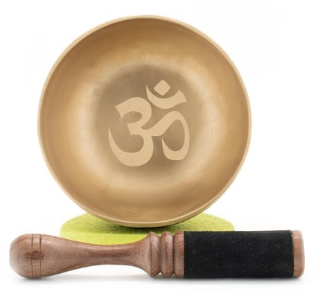 Klangschale 350g mit OM-Gravur, handgeschmiedet | Fair Trade aus Nepal, ideal für Meditation und Yoga, inkl. Zubehör
