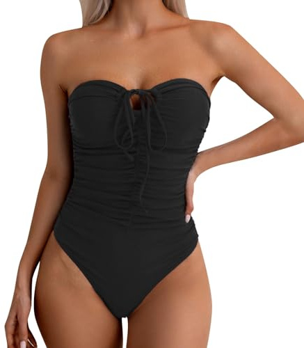 Women Tummy Control Bandeau Swimwear One-Piece Swimming Costume Ladies Solid Color Pleated Strapless Swimsuit with Front Tie Two Wear Halterneck 2025 (Black, M)