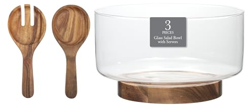 Gibson Elite Wildgreens Large Glass Salad Bowl or Decorative Fruit Bowl Set with Elegant Acacia Wood Base and Acacia Serving Utensils