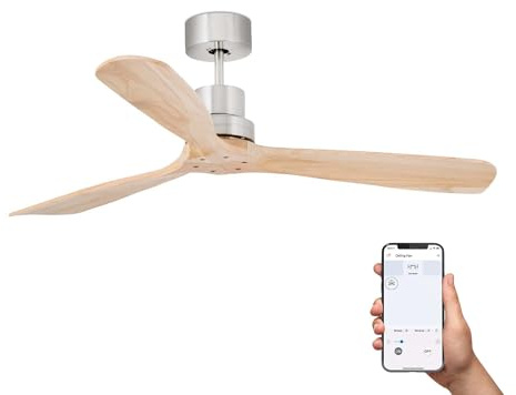 Faro Lantau Ventilador de techo grande con 3 palas, níquel satinado, pino, sistema inteligente Tuya