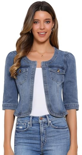 Allegra K Chaqueta Cortas Mezclilla Para Mujer Sin Cuello De Manga 3/4 Cárdigan Vaquero Frente Abierto Gris claro L