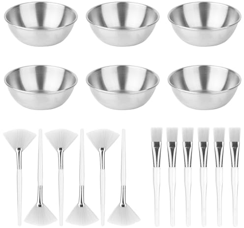 18 Delars Set med Ansiktsprodukter för Hudvårdspersonal, Inklusive 6 Skålar 6 Fläktborstar och 6 Platta Borstar Blandningsset Ansiktsmasker för Kvinnor Skönhetsspa Hemmabruk (Silver)