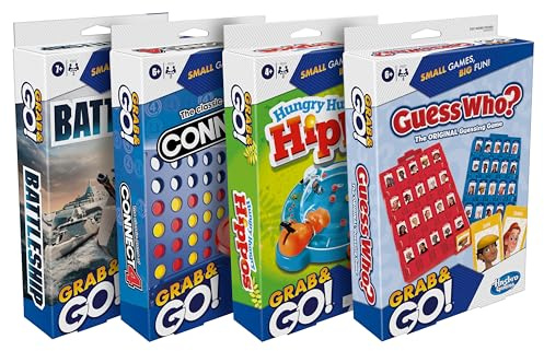 Hasbro Grab and Go! Bundle (4 Pack), Kids Travel Board Games, Battleship, Connect 4, Guess Who?, Hungry Hungry Hippos Games, 2 Players, Easter Gift for Kids, Ages 7+