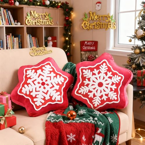 Lanpn 2 Stück Weihnachtskissen, Schneeflocke Kissen Niedliche Dekokissen Flauschiges Zierkissen für Geschenk Party Bett Sofa Couch Innenbereich Weihnachtsdeko (Rot, 44x44cm)