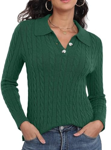 GRECERELLE Women's Cable Knit Jumper Polo Neck Long Sleeve Soft Sweater | Casual Long Sleeve Casual Polo Shirts Pullover Tops, for Fall Winter Outfits
