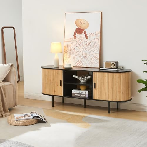 [en.casa] Mobile Porta TV con Scomparti Aperti Chiusi 2 Ante Scorrevoli in Bambù Mobile Basso con Fori Passacavi Stand TV Centri Multimediali 140x40x55 cm - Nero/Color Naturale