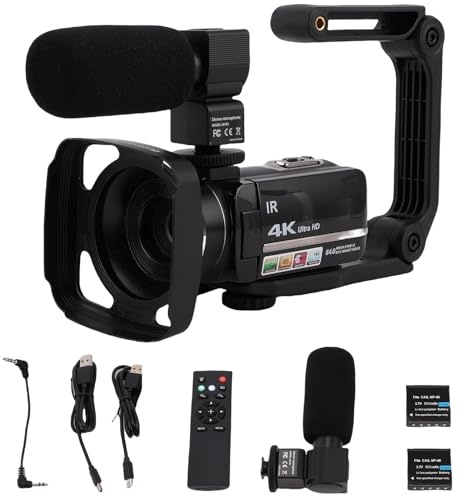 Plyisty Videocámara 4K, cámara para Vlogs Ultra HD de 64 MP, Zoom Digital 18X, Pantalla de 3,0 270°, Tarjeta SD de 32 GB, 2 baterías, Mando a Distancia, estabilizador y micrófono