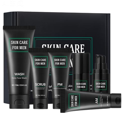 6-teilig Gesichtspflege Männer, Pflegeset Männer mit Reiniger, Peeling, Gesichtsserum, Augencreme, Nachtcreme&Tagescreme, Skincare Set Herren Geschenkset Männer für tägliche Hautpflege&Feuchtigkeit