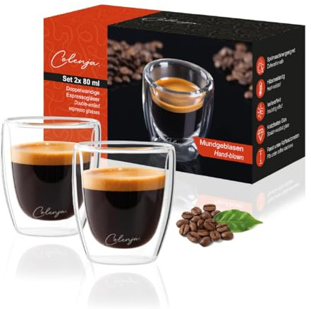 Colenja Doppelwandige Kaffeegläser für Espresso - 2er Set 80ml - hochwertige Espressogläser – kratzfestes Glas - Borosilikatglas - Spülmaschinengeeignet - Kaffeeglas
