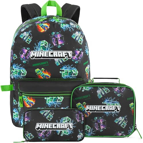 Get Trend Minecraft Boys Large Backpack 3 Pcs Set, 46cm School Bag | Travel Day Large Rucksack, Insulated Lunch Bag & Pencil Case, School Supplies, Gamer Gifts (Multi Creeper)
