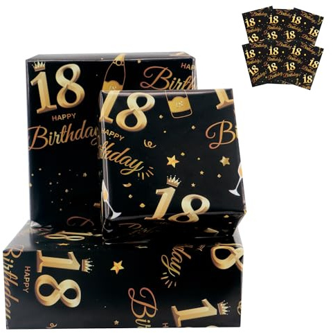 6 hojas de papel de regalo de cumpleaños número 18, 70 x 50 cm, papel de regalo de feliz cumpleaños negro y dorado, decoraciones de regalos de cumpleaños número 18 para niños y niñas, reciclables, 18