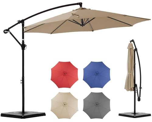 OLIXIS 9.7FT Offset Patio Umbrella with Base, Cantilever Table Umbrellas for Outdoor Sun Shade UV Protection with Easy Tilt Adjustment, 8 Ribs for Backyard, Lawn, Garden, Pool