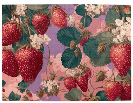 MA6GE8DE Jigsaw Puzzle for Adults 500 Pieces Juicy Strawberries with Yellow Seed, Dreamy Pinks and Purples Gradient Sky Scene.Hands-On Assembly of Your Home Decor Wall Art