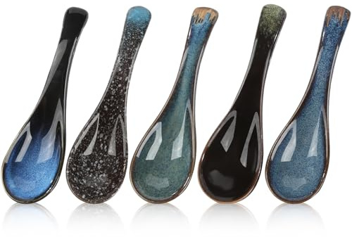 5 Stück Asiatische Suppenlöffel Set, Retro Ramen-Löffel im | Chinesischer Löffel, Japanische Art-Blaue Keramik Suppenlöffel für Suppen,Knödel und Getreide Eintöpfe,Ideal für den Haushalt