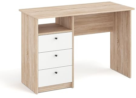 KOMTO Schreibtisch mit Schubladen - Bürotisch Computertisch Klein Arbeitstisch Büro PC-Tisch Kinderschreibtisch mit Stauraum | Moderner Schreibtisch Sonoma Eiche + Weiß | Oslo H 110 x 50 x 74 cm