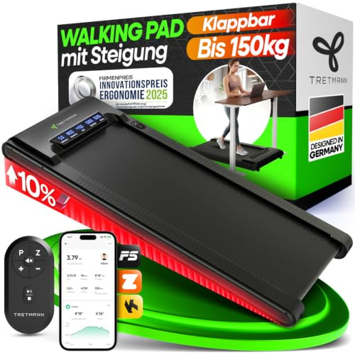 NEU Tretmann Walking Pad mit Steigung klappbar – extra leise [LongLife Laufdeck] mit App bis 150 kg belastbar | Patent EMS-Filter | Walking Pad leise Laufband für Zuhause klappbar Walkingpad 150 kg