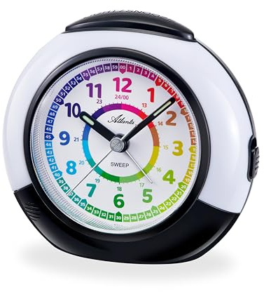Atlanta Kinderwecker ohne Ticken mit Lernzifferblatt Licht Snooze Quarzwecker - 2147/0 (Weiß/Schwarz)