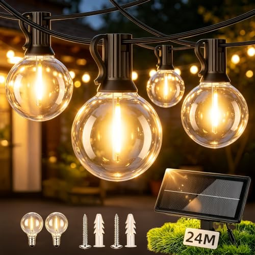 Guirlande Lumineuse Exterieure Solaire 24M, 40+2 Ampoules LED Incassables | étanche Guirlande Guinguette, Chargement Solaire ou USB, 3 Modes idéale pour Jardins, Terrasses, Pavillons, Balcons, Cafés