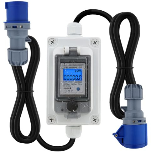Compteur électrique numérique mobile 16 A 230 V IP65 étanche KWH compteur intermédiaire avec prise CEE, écran LED et bouton de réinitialisation pour camping-cars, véhicules électriques et maison