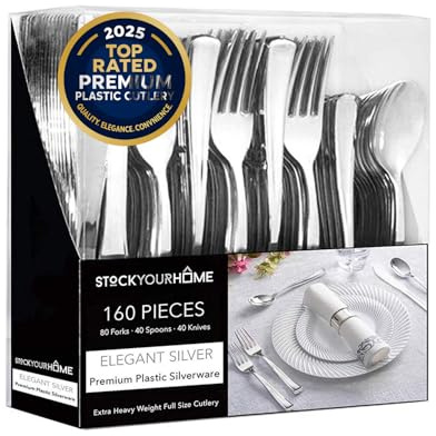 160 Pack Silver Plastic Cutlery Disposable Silverware - 80 Forks, 40 Knives, 40 Spoons - For Catering, Parties, Dinners, Weddings, and Everyday Use