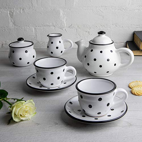 City to Cottage® Set de Tetera, Jarra de Leche y Azucarero de Cerámica Artesanal de Lunares con 2 Tazas y Platitos en Blanco y Negro