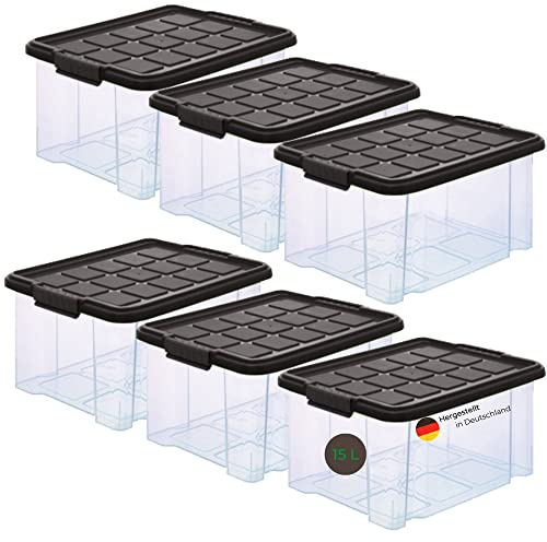 Novaliv 6x Ordnungsboxen mit Deckel 15l 40x29x21 mittel transparent mit Deckel Grau Anthrazit Stapelboxen Werkstatt Kiste Box Aufbewahrungsboxen Lagerbox