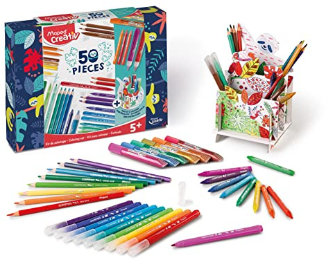 Maped - Set para Colorear de 50 Piezas - A Partir de 5 Años - Incluye 16 Lápices de Colores, 12 Rotuladores, 12 Ceras, 6 Tubos de Pegamento Brillante y 1 Lapicero