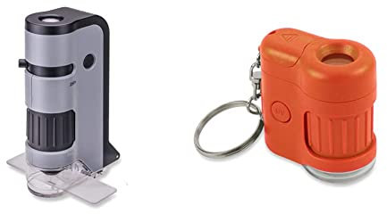 Carson MicroFlip 100-250x LED Lighted Pocket Microscope with Smartphone Digiscoping Adapter Clip, Grey & MM-280O MicroMini LED Lighted 20x Pocket Microscope Orange