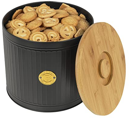 Homiu Bread Bin with Bamboo Lid, Black and Wooden Bread Box Round, Kitchen Corrosion-Resistant Carbon Steel, Lid Doubles as Cutting Board, Essential Storage Set