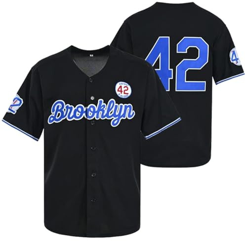 Madjus Herren Baseballtrikot Legend 42 Button Down 90er Jahre Hip Hop Trikot genäht, Schwarz, 3X-Groß