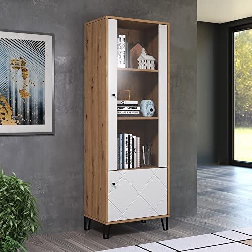 Lomadox Vitrinenschrank Eiche Artisan Nb. mit matt weiß modern mit Metallfüßen, B/H/T: ca. 63/171/40 cm