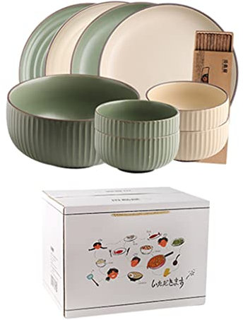 Dinner Plate Tableware Ceramic Cutlery Set for soup,salad,rice,sweet for Microwave, Oven & Dishwasher Christmas & Wedding Gifts for Friends (Color : Beige+Green, Size : 19-piece)