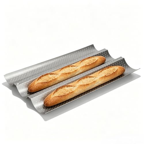 Cyrank Perforierte Baguette-Pfanne, Edelstahl-Baguette-Backblech Antihaft-Brotblech zum Backen von französischen 4- und 3-Wellen-Laib-Backformen(01)
