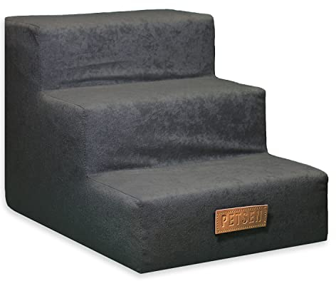 Petsen Sofatreppe für Hunde und Katzen – Hundetreppe für Bett & Sofa – 3- oder 4-stufig, rutschfest & waschbar – mit Hundename (Dunkelgrau, 3-stufige)
