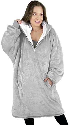 Oversized Hoodie Decke, Plüsch Flanell Decken Hoodie, Weicher und Warmer Decken Pullover, Übergroße Kuschel Pulli mit Reißverschluss, Oversized Hoodie Herren und Damen, Blanket Hoodie (Silber-Grau)