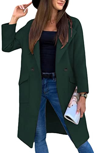 Onsoyours Femme Manteau à Col Montant Blazer Jacket Trench Coat Bouton de Mode Long Veste OL Vintage Chaud Manches Longues en Laine Cardigan Blouson Automne Hiver B Vert XXL