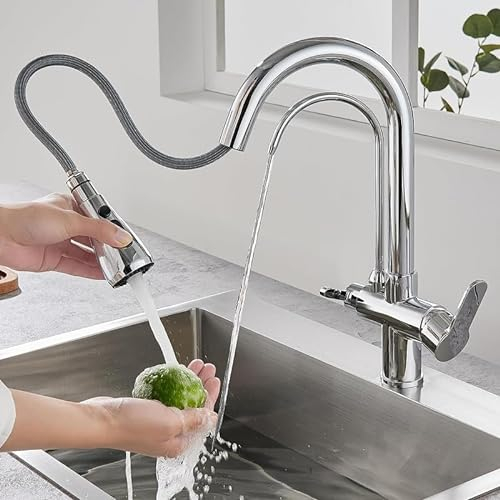 KINKIBOS 3 Way Kitchen Tap, Brass Body, Mixer Tap with Drinking Water Tap for Filter System, 360° Rotating Extendable Taps with Spray Head, 2 Levers, Chrome