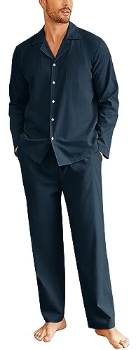 Ekouaer Schlafanzug Herren Lang Pyjama Baumwolle Zweiteiliger Nachtwäsche Langarm Loungewear Winter, S-XXL